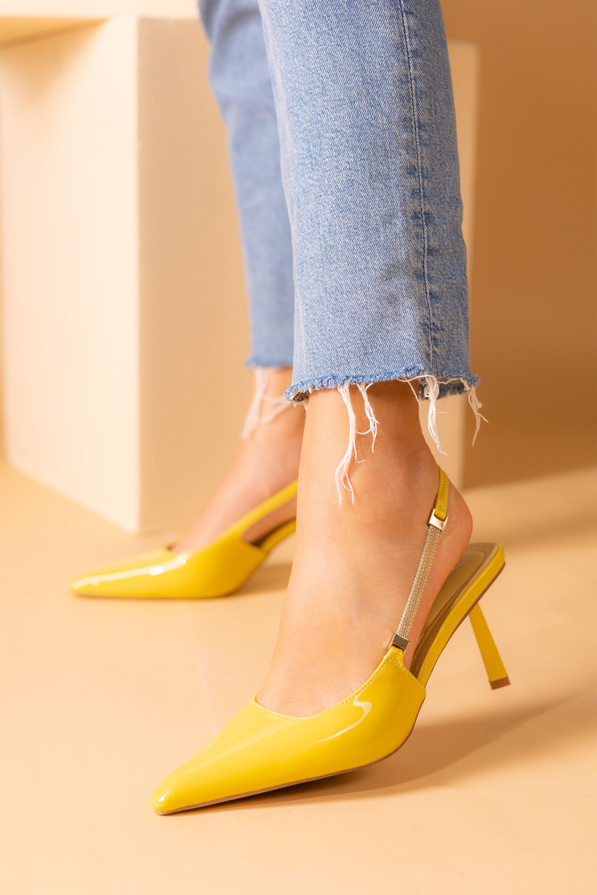 Slingback Yellow Pumps Inch Heel New Look Yellow Faux Leather